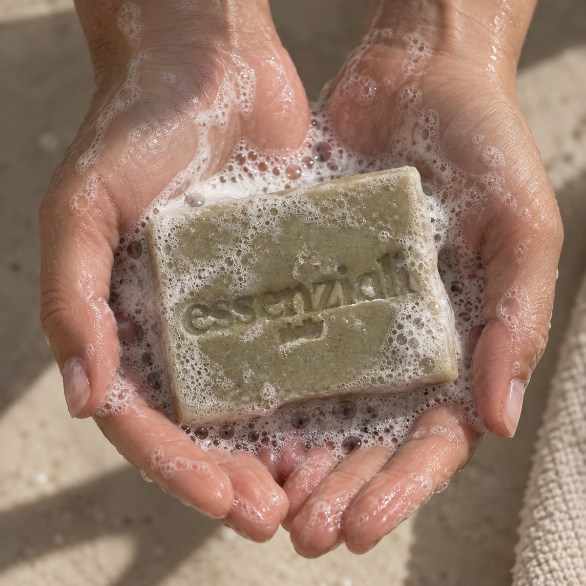 Hands lathering an Essenziali soap bar