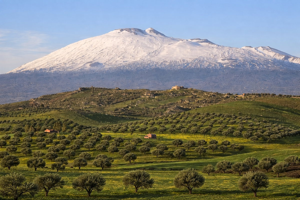 Olive trees beneath Mount Etna in Sicily
