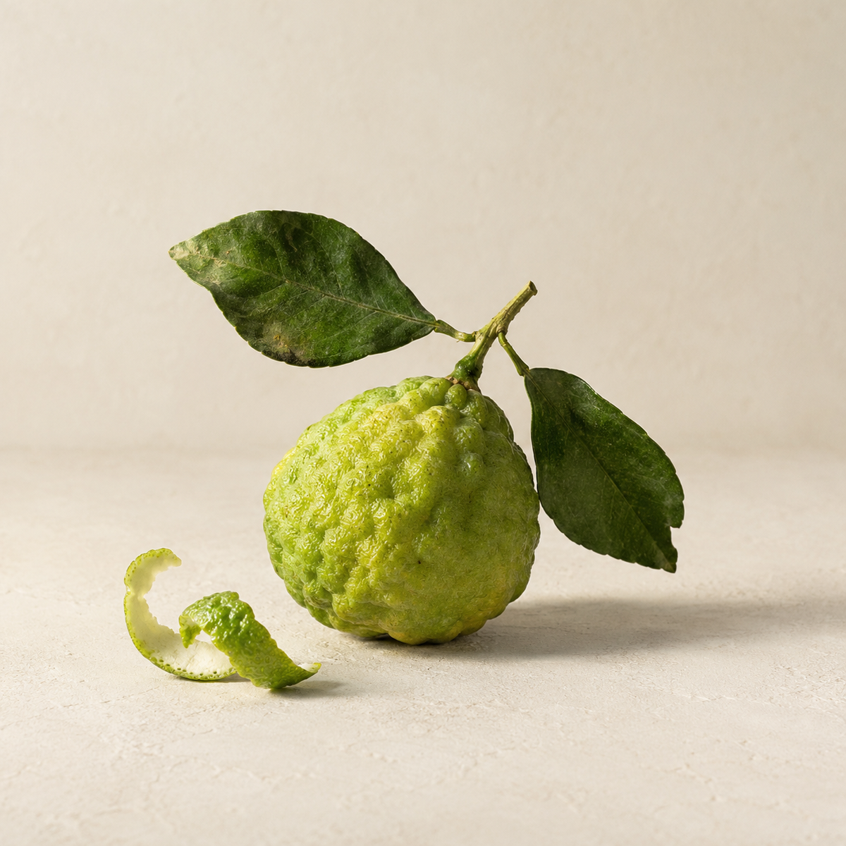 Green bergamot fruit, leaves and curled peel on a cream background