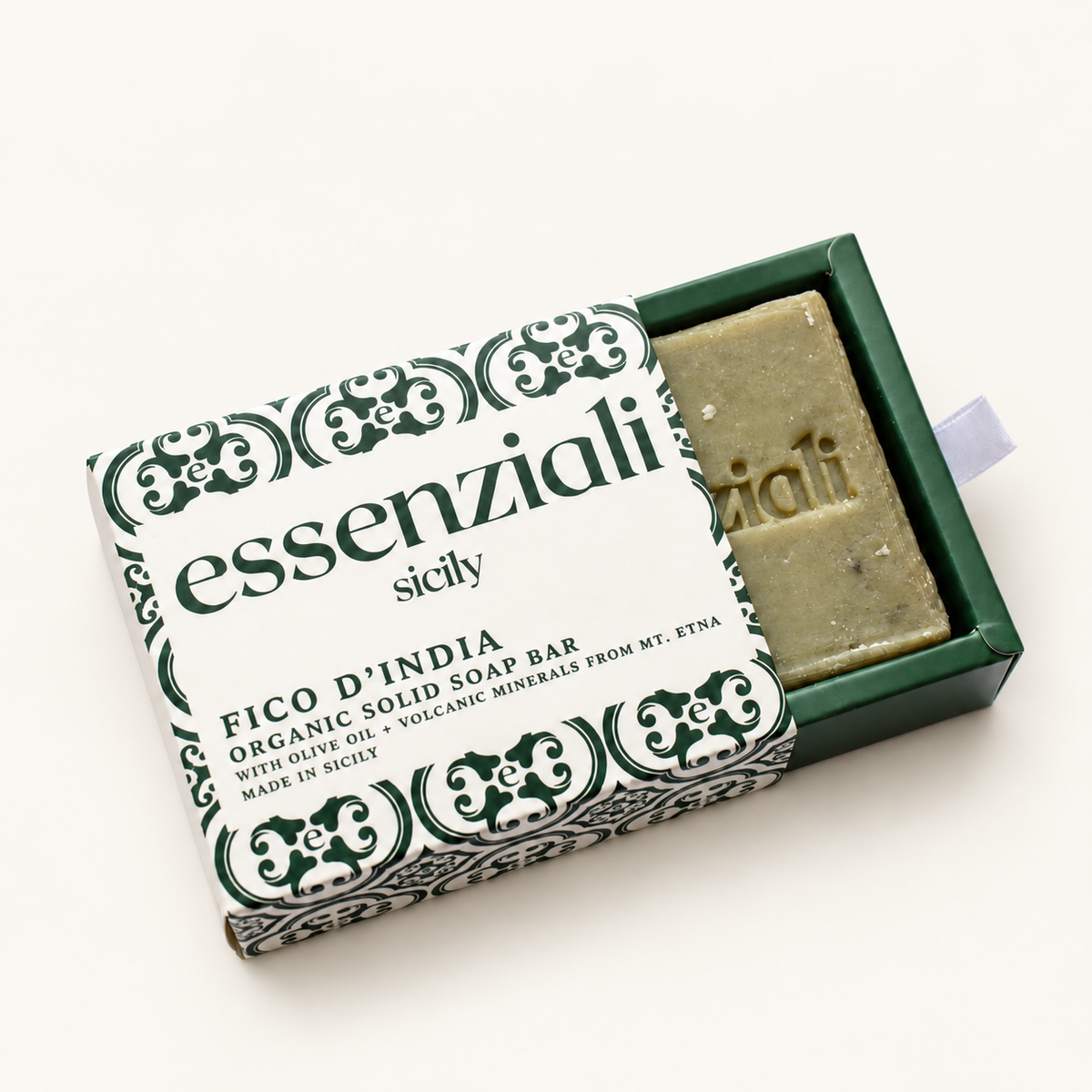 Essenziali Fico d'India soap in its partly opened patterned box on a cream background